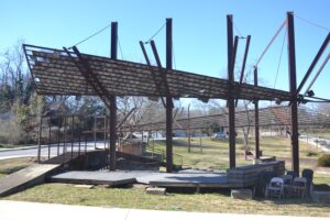 Clemson University architecture students dismantled the ruins of the original barn, salvaging some of the material, including tin shingles, to remember the structure and create a space for public gathering. (Photo/Ross Norton)